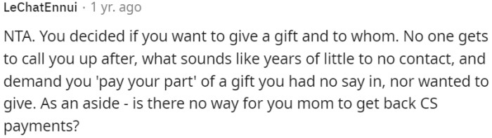 Rejection of Demands for Financial Contribution After Years of Limited Contact Is Reasonable