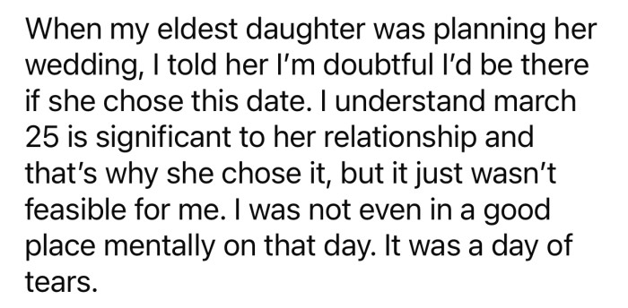 OP informed his daughter beforehand that he wouldn't be attending if she picked that date.
