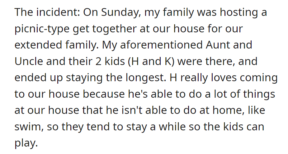 Family hosted a picnic. Aunt, Uncle, and kids (H and K) stayed longest; H enjoys activities like swimming not available at home.