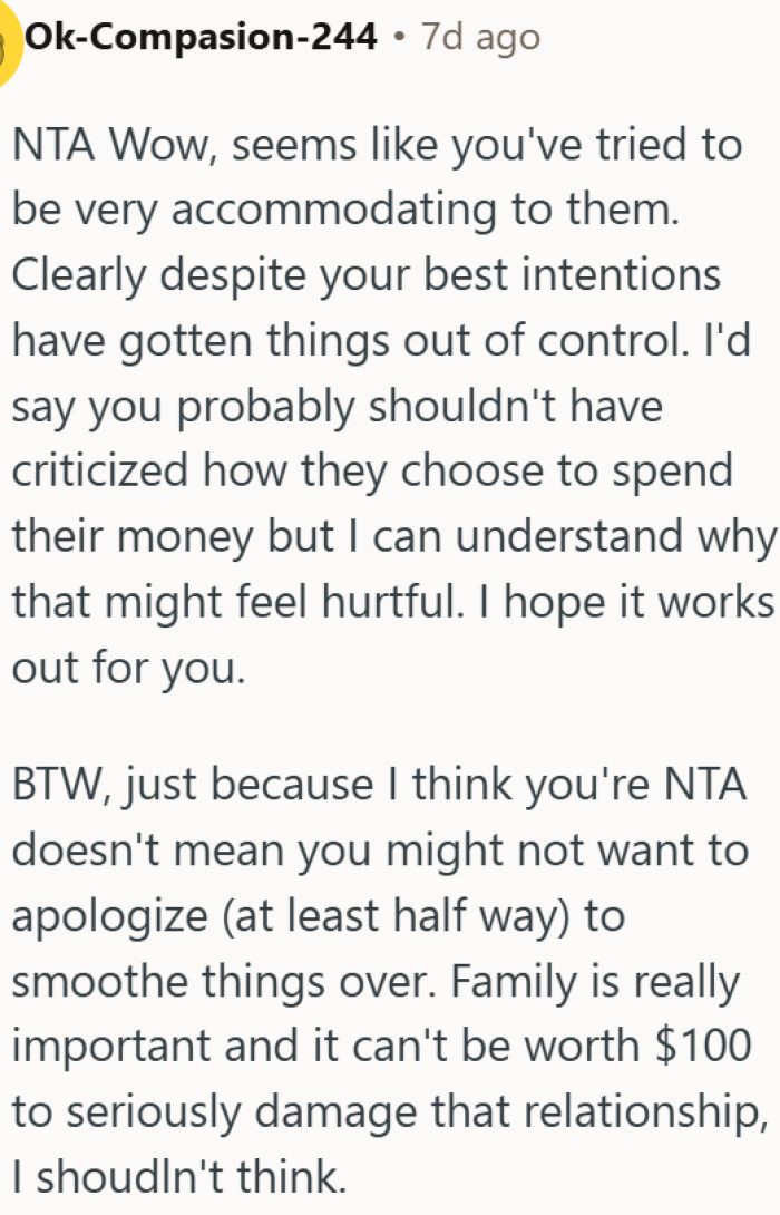 Being right isn't worth damaging a family relationship over $100