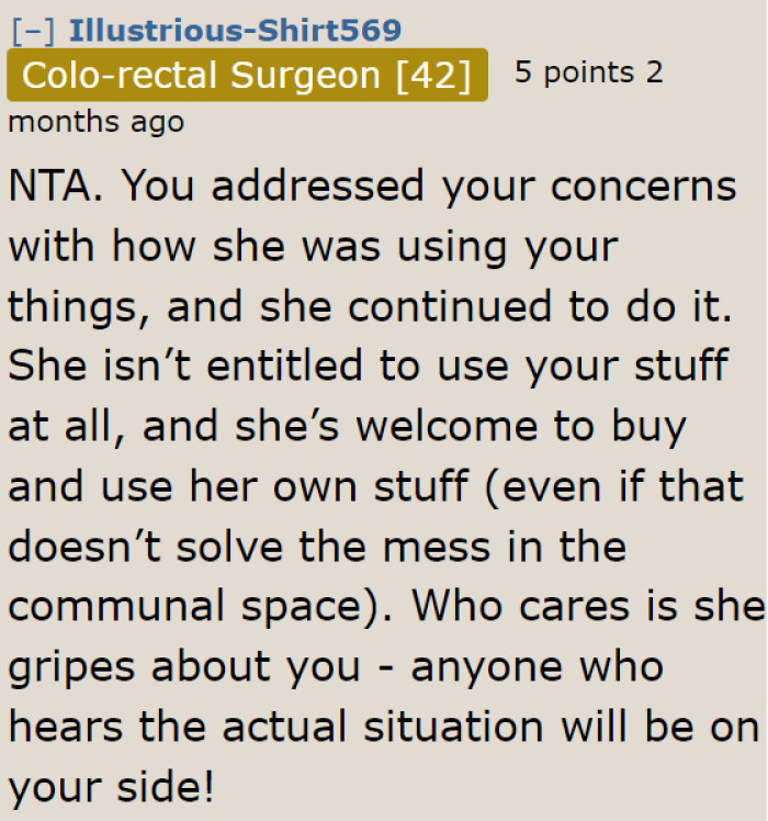 The roommate can always buy cookware for herself.