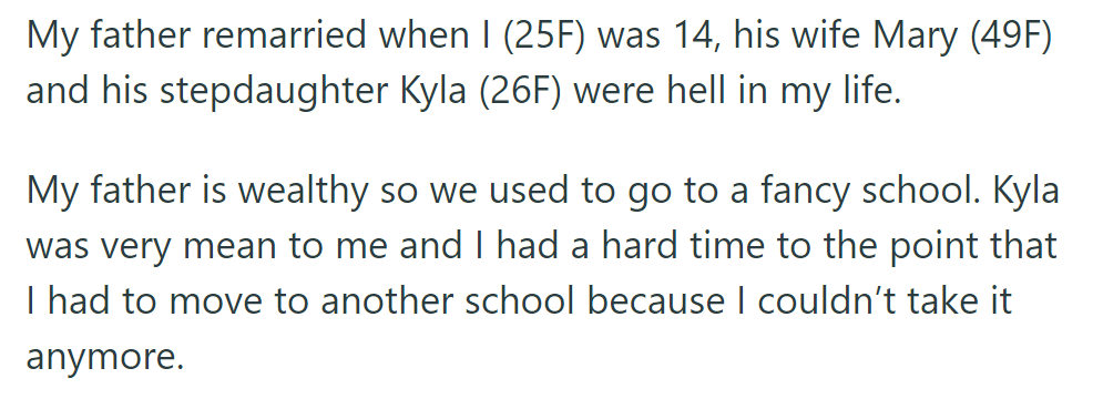 Father remarries when OP was 14, introducing stepmother Mary and stepsister Kyla. Kyla's bullying forces school switch.