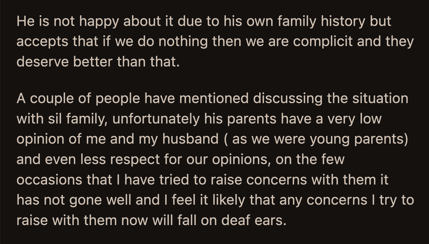 OP also explained why she didn't reach out to her son-in-law's parents. They don't get along and have been dismissive of OP and her husband due to arbitrary reasons.