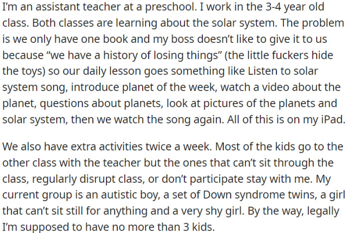OP is an assistant teacher at a preschool with limited resources for teaching, so daily lessons involve songs, videos, and pictures on the iPad