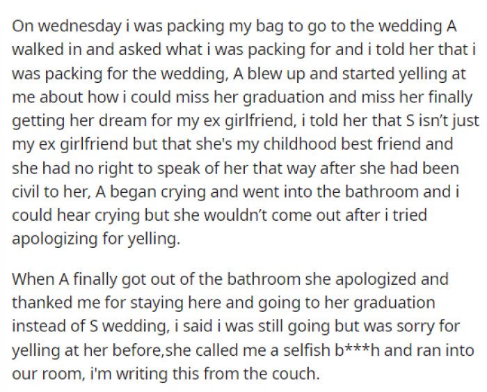 This is when everything happened, and her girlfriend was not okay with OP going on the trip for the wedding.