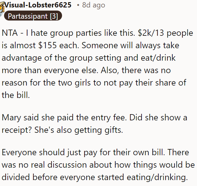 Group parties often lead to uneven expenses.