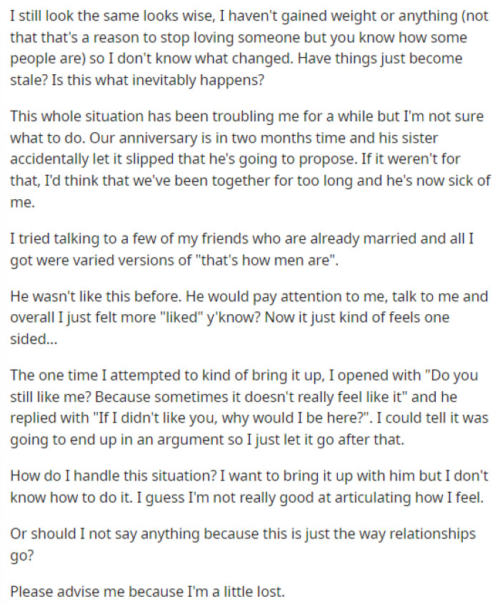 She's looking for advice on how to navigate this, especially because she knows that he is going to propose when their anniversary comes up soon.