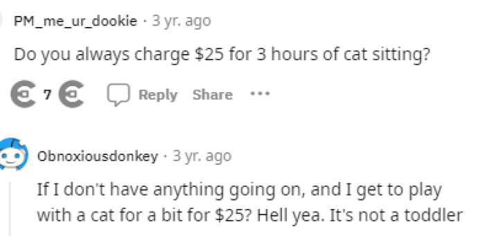 We received a few responses discussing OP's rate, to which others responded with their thought processes because it's just a cat.