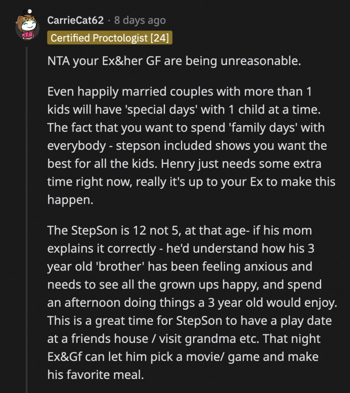 OP shouldn't back down on this matter — his son needs to know that he is loved by both of his parents. His ex's girlfriend can stay with her son and explain why he isn't a part of the outing since he should be old enough to understand.