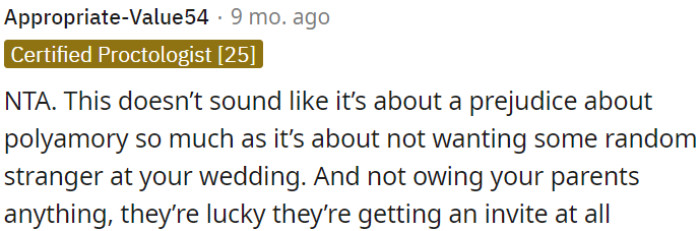 OP does not feel obligated to invite her parents, and they should consider themselves fortunate to receive an invitation at all.