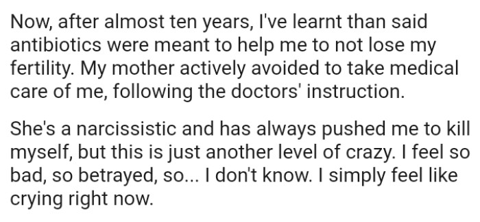 The OP says she's a narcissist and has always pushed her to kill herself, but this is just another level of crazy