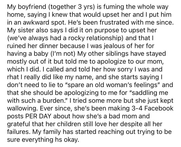 The mom's reaction was so extreme that family members started reaching out to OP.