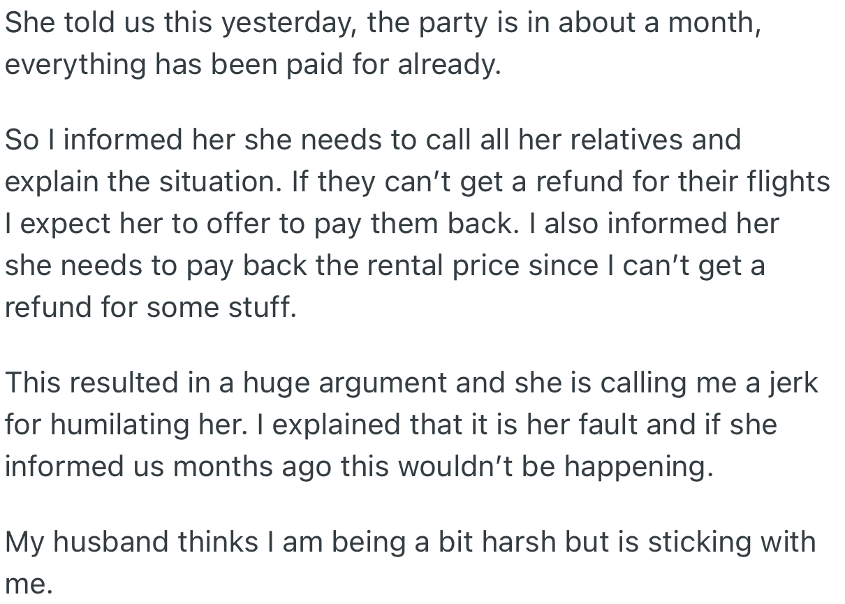 OP made it clear to her daughter that she will have to call all her relatives and tell them the truth. In addition, she will also have to refund the money for their flight tickets