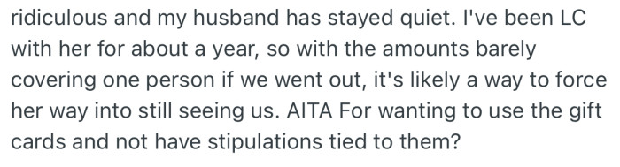 OP and her husband see this as ridiculous! In addition, OP revealed that she has been low-contact with MIL for a while, so this could be a tactic to get closer to their family