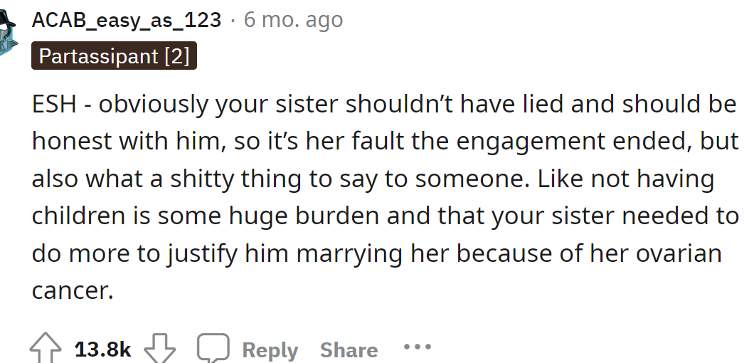 It's not the OP's fault the engagement broke, but other things...