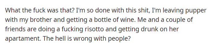 Frustrated, they leave their puppy with their brother and head to a friend's apartment for wine and risotto.