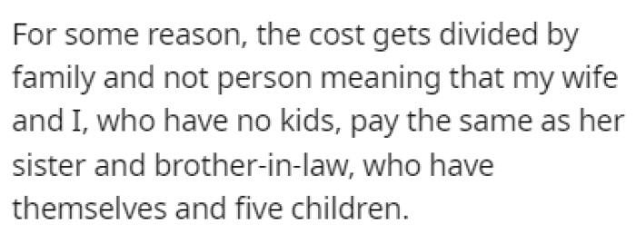OP doesn't understand why the cost is divided by family, instead of by person
