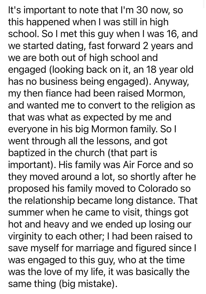 OP converted to Mormonism after getting engaged to her Mormon boyfriend.