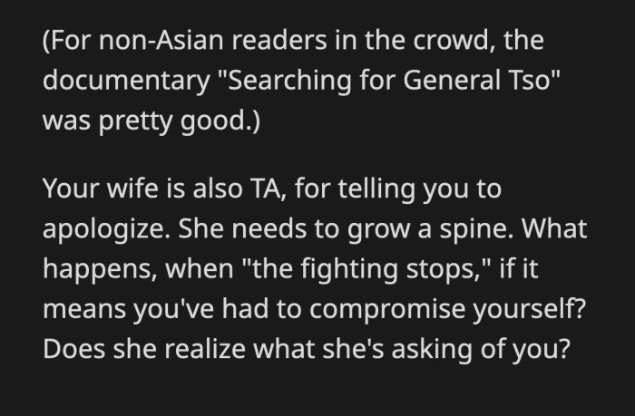 OP's wife asked him to take one for the team and allow himself to be debased just so her family can stop fighting about whether what Sarah said was racist enough to offend OP.