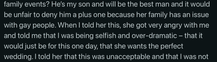 OP loves his son so much and finds it unfair to deny his best man a plus one for the sake of his to-be in-laws' issue. However, she got mad at him.