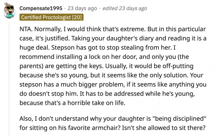 Given this particular context, a Redditor thinks the consequence was appropriate, given that OP's stepson stole his sister's diary.