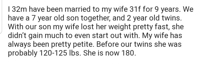 OP's wife gained some weight after giving birth to their twins