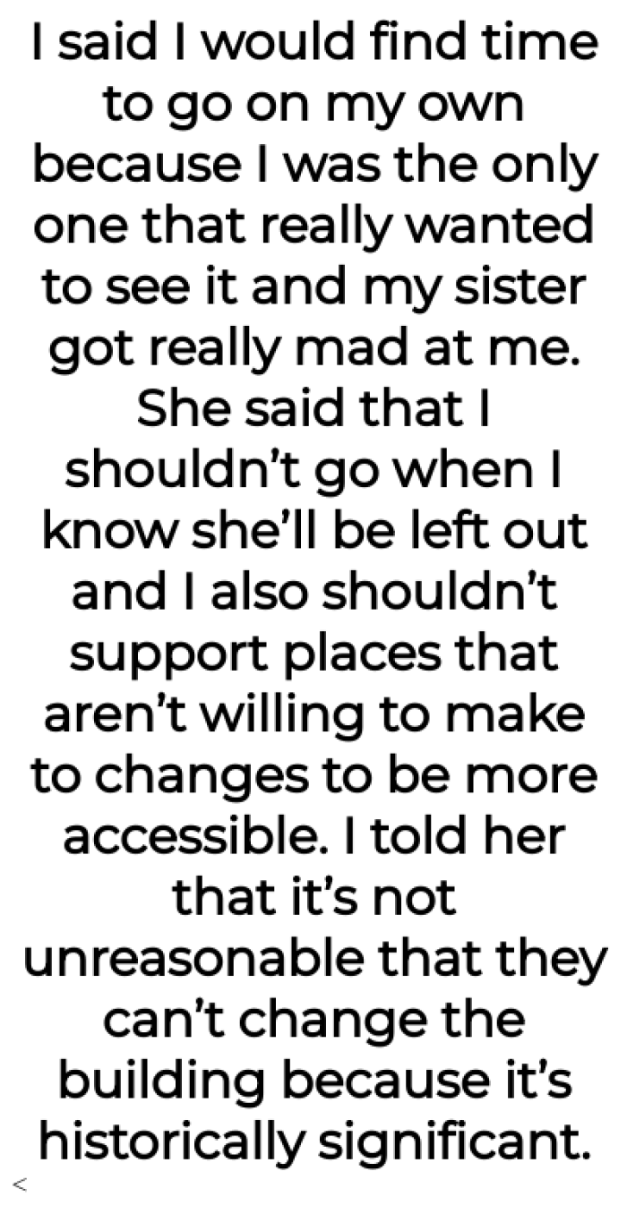 The OP said she would go alone, but her sister disputed: