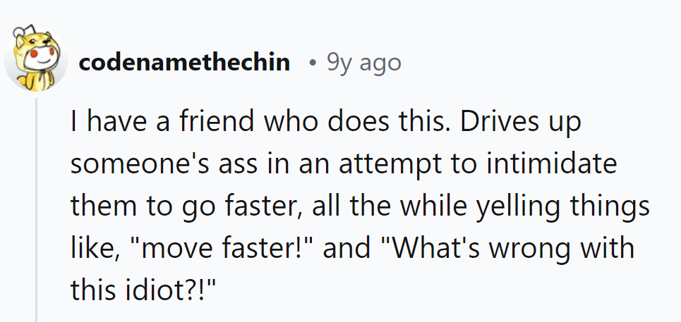 Ah, the classic aggressive-backseat-driver maneuver: tailgating with a side of unsolicited coaching.