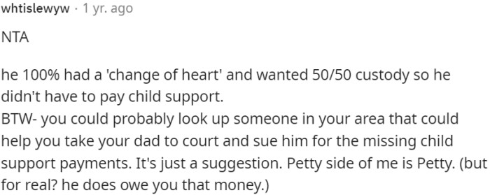 OP's Dad Had a Sudden Change of Heart, Seeking 50/50 Custody to Avoid Paying Child Support