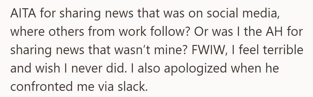 Is she in the wrong for sharing Brian's pregnancy news from social media where their coworkers follow him?