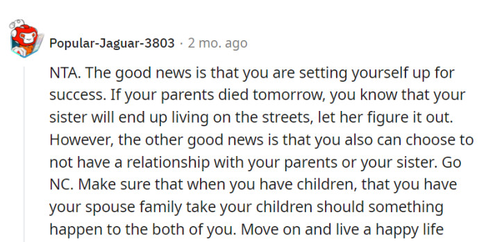 A solid plan: prioritize personal success and happiness, go no contact, and ensure a stable future for their own family.