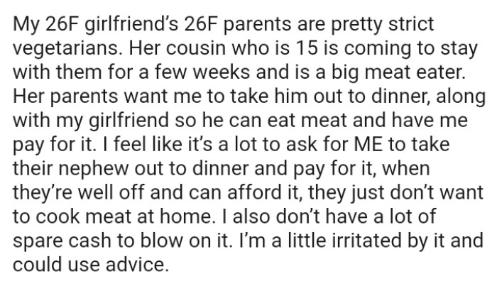 Her parents want the OP to take him out to dinner, along with his girlfriend, so he can eat meat