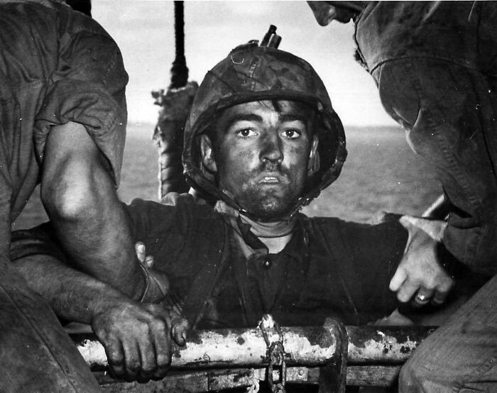 “The Thousand Yard Stare”—usmc Private Theodore J. Miller Is Helped Aboard A Ship After Intense Combat On Eniwetok Atoll. Miller Was Kia A Month Later, 1944"