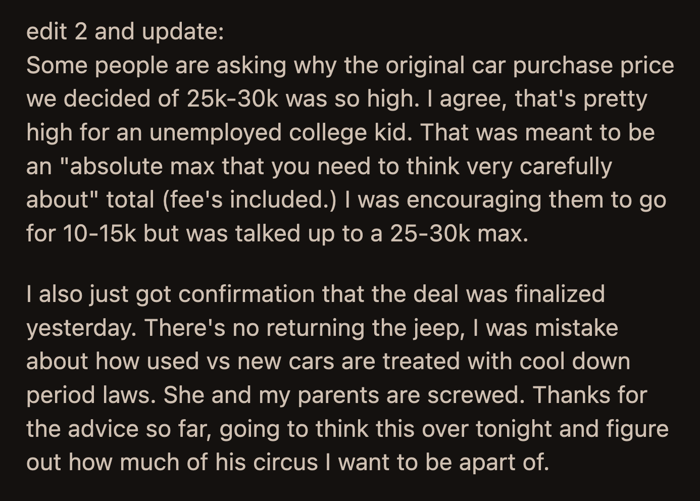 Update! They couldn't return the car. OP's sister and parents are screwed. They are on their own. OP won't be the solution to their problem.