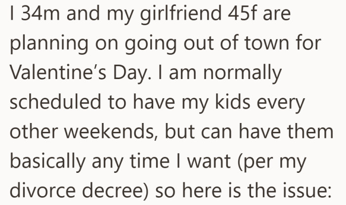 By pointing to the divorce decree early, he frames the situation around logistics and agreements rather than emotion.