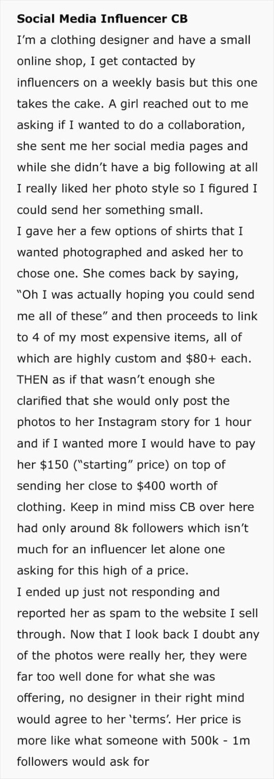27. Fashion designer pleasantly surprised by influencer's generous offer.