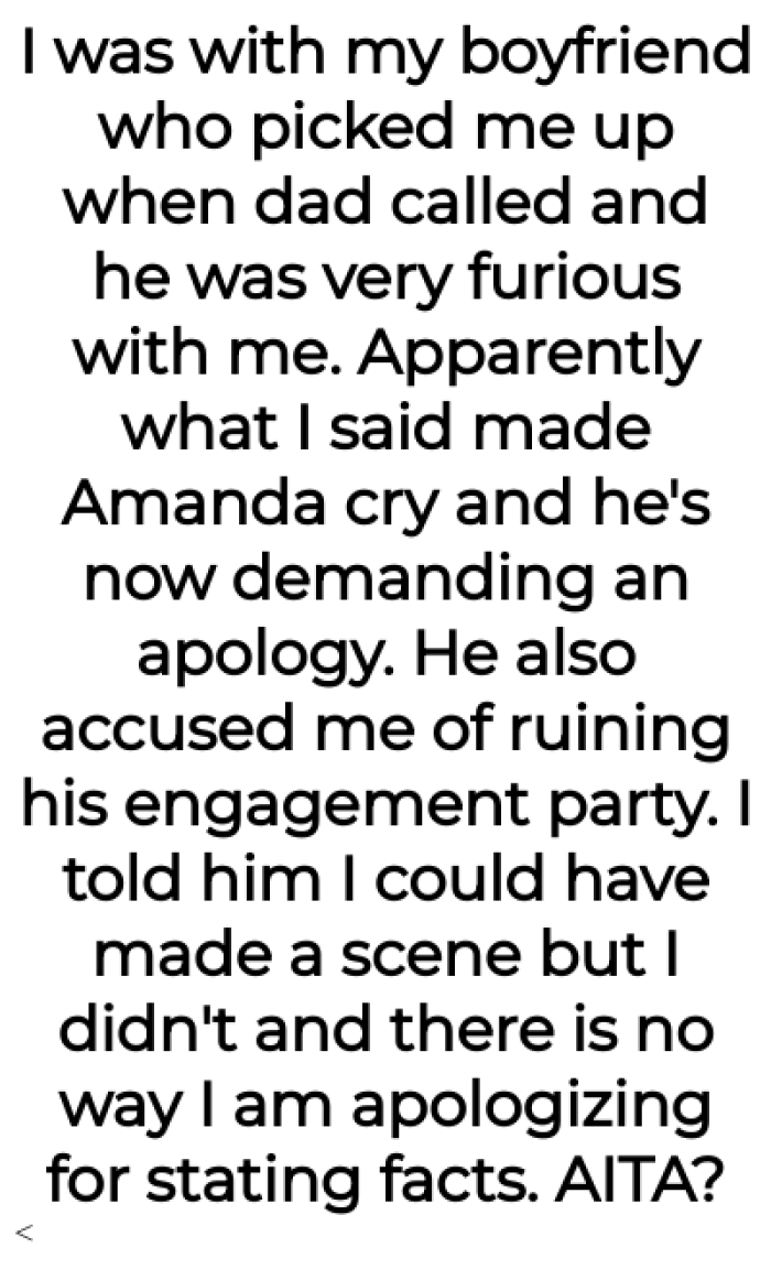 Daughter declines to express regret for referring to her father's fiancée as a 'mistress.'