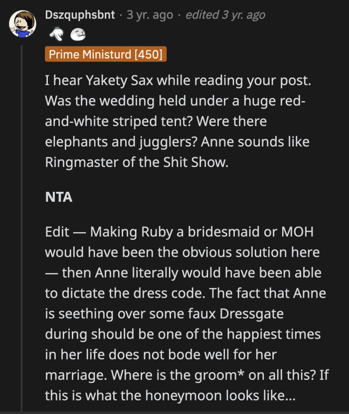 All these feelings over a wedding-appropriate attire? There has to be more to the story.