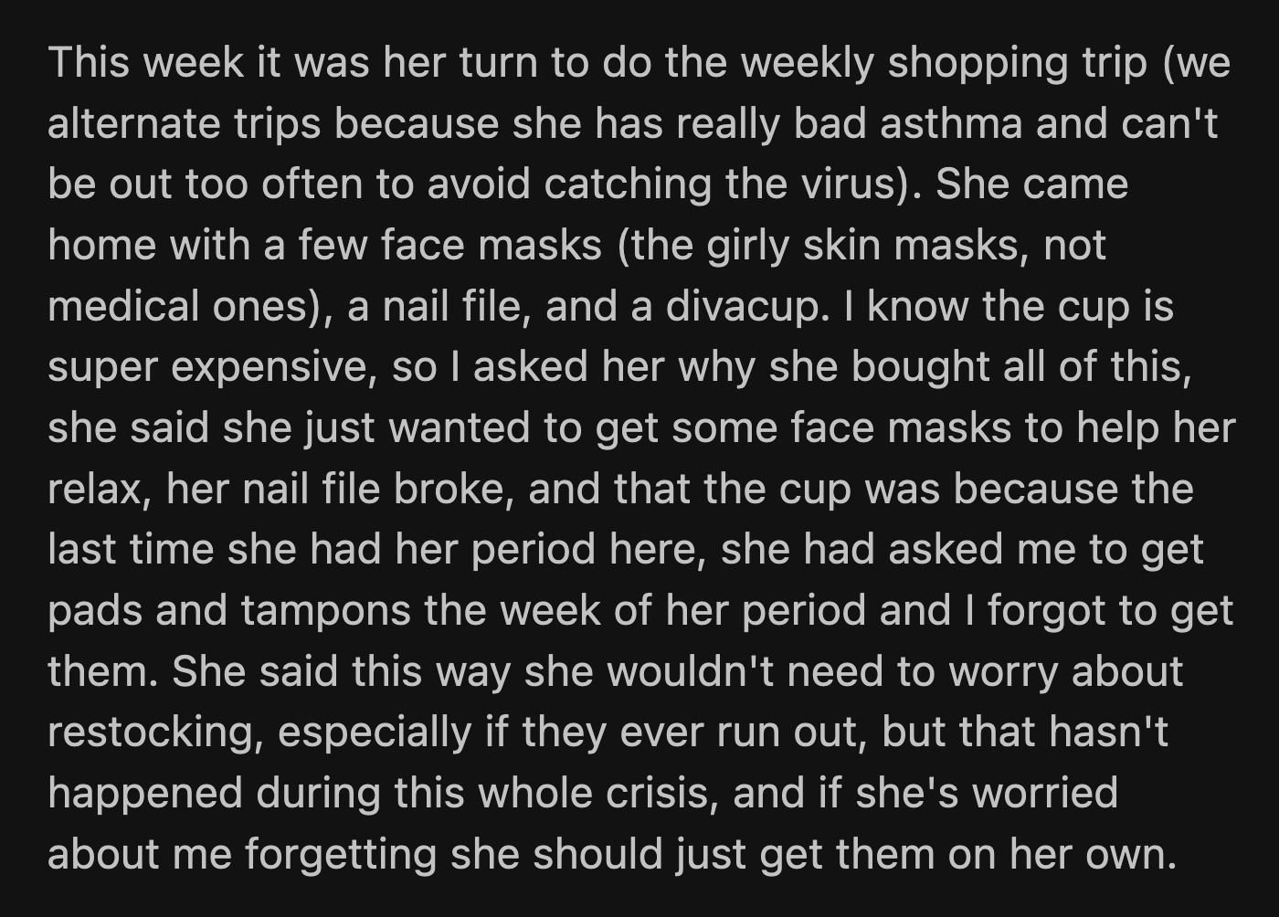 So, OP took the menstrual cup and masks out of the bag but purposefully left the nail file in before throwing it in the bin.