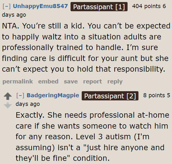 At 17 Years Old, the Aunt Shouldn't Expect Her Nephew to Take Care of Something as Challenging as Babysitting for an Autistic Cousin.