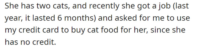 With two cats in her care, she briefly held a job last year and, lacking credit, sought to use her daughter's card to purchase their food.