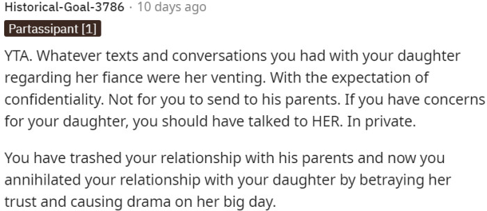 OP breached her daughter's trust, caused drama on her daughter's wedding day, and destroyed relationships with both her daughter and her daughter's fiancé's parents.