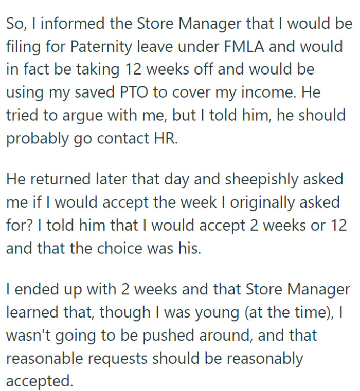 Unwilling to be pushed around, he delved into the specifics of the Family Medical Leave Act (FMLA).