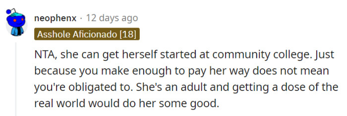 OP's financial capacity isn't an automatic obligation.