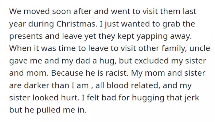 OP and their family eventually moved and visited the unpleasant relatives’ house for Christmas last year. The goal was to just get the presents and dash, but the unwanted physical interaction came unexpectedly.
