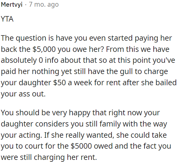 OP should be grateful that his daughter still considers him family despite his behavior.