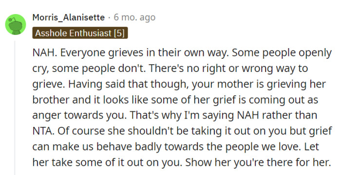 While the mother may be grappling with grief, boundaries are essential in dealing with hurtful behavior.