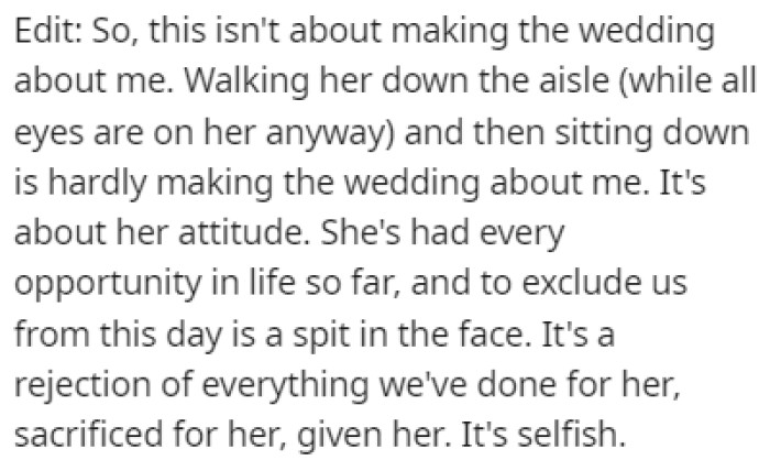 OP believes that she's excluding him from this special day