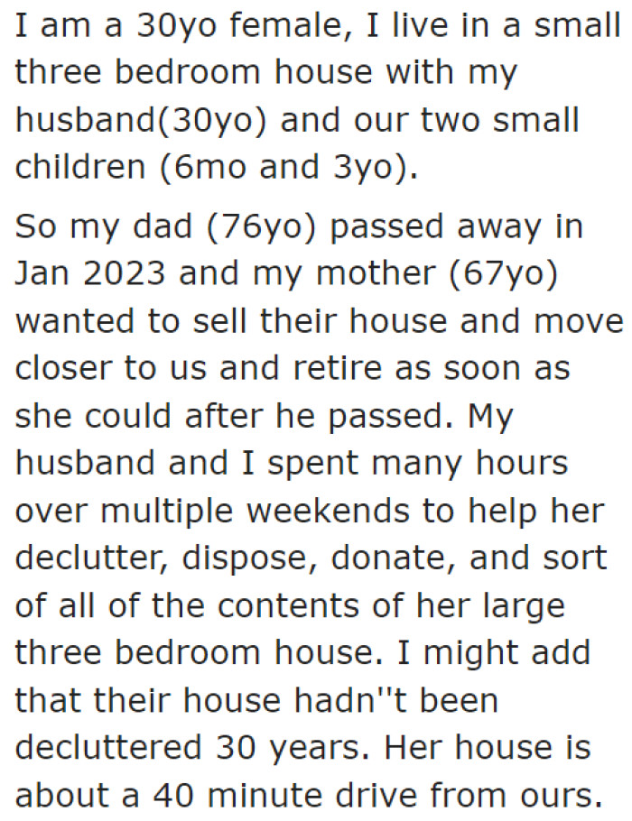 After her husband passed away, the elderly mother wanted to find a residence near her daughter's home.