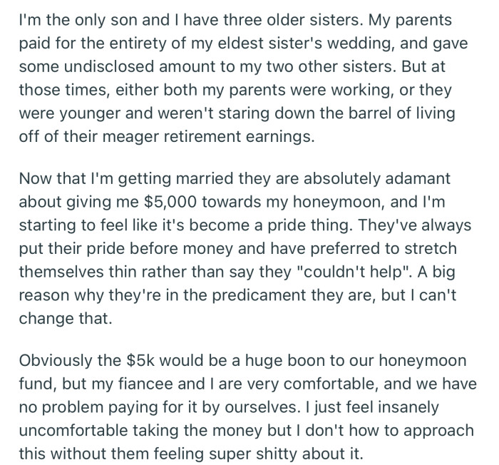 OP’s Parents Are Adamant About Giving Him $5,000 for His Honeymoon Despite Struggling Financially. Apparently, It’s a Pride Thing